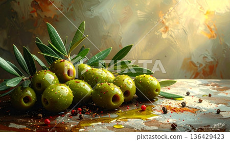 Fresh green olives and healthy olive oil rest on a wooden board with spring leaves and nature decorations for a seasonal agriculture display Fresh green olives and healthy olive oil rest on a wooden board with spring leaves and nature decorations for a seasonal agriculture display 136429423