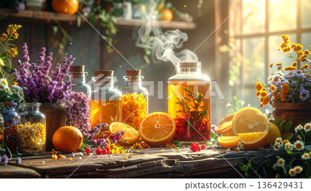 An elegant still life with candles and bottles of wine featuring a glass of red alcohol beverage and a green bottle of olive oil isolated on a white background An elegant still life with candles and bottles of wine featuring a glass of red alcohol beverage and a green bottle of olive oil isolated on a white background 136429431