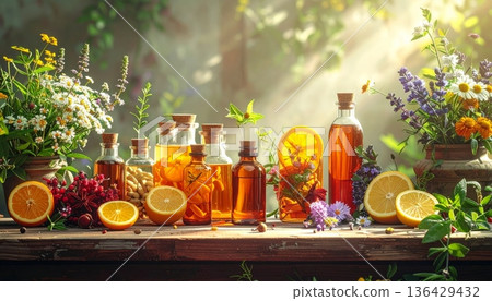 An elegant still life with candles and bottles of wine featuring a glass of red alcohol beverage and a green bottle of olive oil isolated on a white background An elegant still life with candles and bottles of wine featuring a glass of red alcohol beverage and a green bottle of olive oil isolated on a white background 136429432