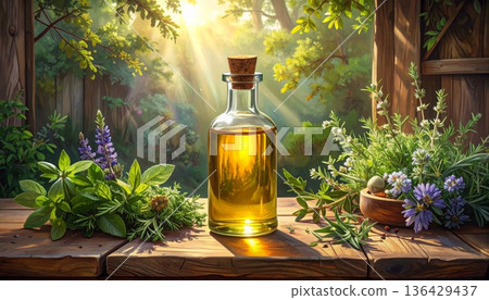 A bottle of wine and fresh mediterranean olive oil sit on a rustic wooden table as healthy cooking ingredients for an authentic Italian salad A bottle of wine and fresh mediterranean olive oil sit on a rustic wooden table as healthy cooking ingredients for an authentic Italian salad 136429437