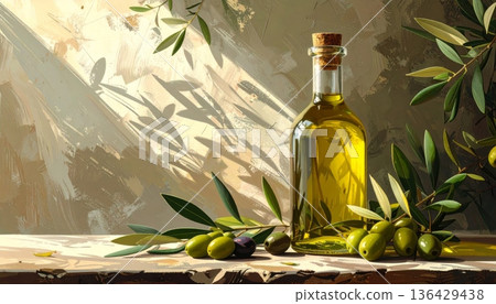 A bottle of wine and fresh mediterranean olive oil sit on a rustic wooden table as healthy cooking ingredients for an authentic Italian salad A bottle of wine and fresh mediterranean olive oil sit on a rustic wooden table as healthy cooking ingredients for an authentic Italian salad 136429438