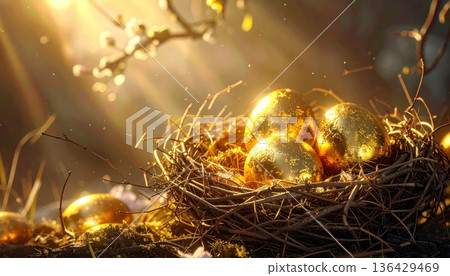 A festive golden Christmas tree adorned with shiny balls and elegant decorations stands beside a straw nest filled with golden eggs as a symbolic holiday decor for a bright celebration 136429469