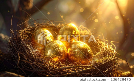 A festive golden Christmas tree adorned with shiny balls and elegant decorations stands beside a straw nest filled with golden eggs as a symbolic holiday decor for a bright celebration 136429470