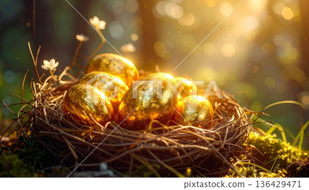 A festive golden Christmas tree adorned with shiny balls and elegant decorations stands beside a straw nest filled with golden eggs as a symbolic holiday decor for a bright celebration 136429471