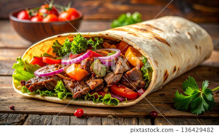 A delicious closeup of a fresh grilled chicken and vegetable salad plate featuring healthy greens, red tomato, and savory sauce for a healthy dinner meal 136429482