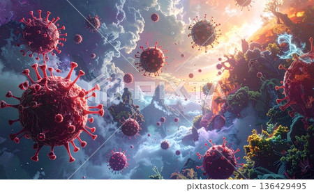 A digital art backdrop featuring bacteria under a microscope and blood cells amidst colorful bubbles with a blue spiral fractal design and glowing purple energy swirls in motion A digital art backdrop featuring bacteria under a microscope and blood cells amidst colorful bubbles with a blue spiral fractal design and glowing purple energy swirls in motion 136429495