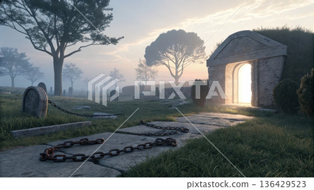 Glowing tomb entrance in a misty graveyard at dawn 136429523