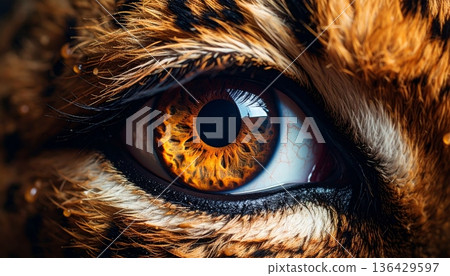 A macro abstract closeup of a green tiger eye and animal fur features a striking look reflecting the intense nature of a wild cat head 136429597