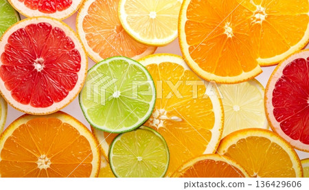 A seamless vector pattern of fresh citrus fruit slices featuring juicy lemon, orange, lime, and grapefruit for a healthy ripe food background illustration A seamless vector pattern of fresh citrus fruit slices featuring juicy lemon, orange, lime, and grapefruit for a healthy ripe food background illustration 136429606