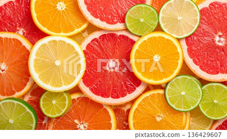 A seamless vector pattern of fresh citrus fruit slices featuring juicy lemon, orange, lime, and grapefruit for a healthy ripe food background illustration A seamless vector pattern of fresh citrus fruit slices featuring juicy lemon, orange, lime, and grapefruit for a healthy ripe food background illustration 136429607