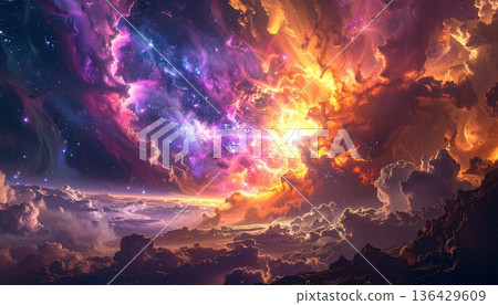 An abstract galaxy background featuring a dark night sky filled with a red and blue nebula, bright stars, and a fractal design of fire and smoke textures for a science fiction art style An abstract galaxy background featuring a dark night sky filled with a red and blue nebula, bright stars, and a fractal design of fire and smoke textures for a science fiction art style 136429609