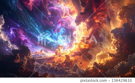 An abstract galaxy background featuring a dark night sky filled with a red and blue nebula, bright stars, and a fractal design of fire and smoke textures for a science fiction art style An abstract galaxy background featuring a dark night sky filled with a red and blue nebula, bright stars, and a fractal design of fire and smoke textures for a science fiction art style 136429610