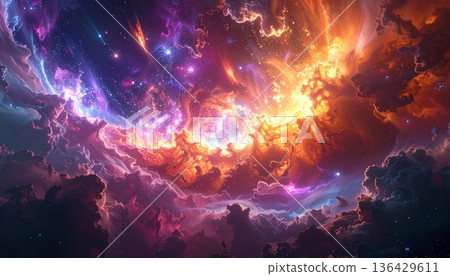 An abstract galaxy background featuring a dark night sky filled with a red and blue nebula, bright stars, and a fractal design of fire and smoke textures for a science fiction art style An abstract galaxy background featuring a dark night sky filled with a red and blue nebula, bright stars, and a fractal design of fire and smoke textures for a science fiction art style 136429611
