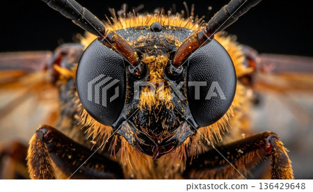A detailed macro closeup of a green housefly and a wasp showcasing hairy heads, intricate wings, and compound eyes on a leaf in nature A detailed macro closeup of a green housefly and a wasp showcasing hairy heads, intricate wings, and compound eyes on a leaf in nature 136429648