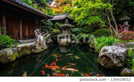 Traditional Japanese zen garden landscape featuring a stone fountain and wooden bridge reflecting over a peaceful pond with summer trees near a Tokyo palace building 136429652