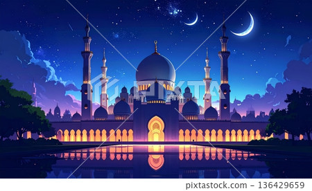 The Blue Mosque at night in Istanbul features stunning architecture with illuminated domes and minarets, serving as a historic Turkish landmark and religious symbol in the heart of the city 136429659