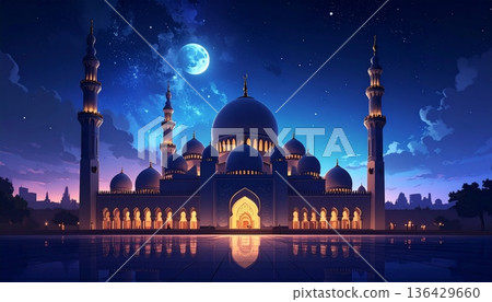 The Blue Mosque at night in Istanbul features stunning architecture with illuminated domes and minarets, serving as a historic Turkish landmark and religious symbol in the heart of the city 136429660