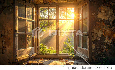 An empty room inside an old abandoned house featuring a stone wall, a dusty floor, and sunlight streaming through an ancient window near a dark fireplace in this urban architecture 136429685