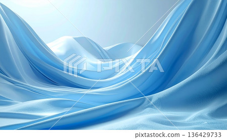 An elegant abstract blue silk background features soft flowing waves of smooth satin fabric with a light motion curve design An elegant abstract blue silk background features soft flowing waves of smooth satin fabric with a light motion curve design 136429733