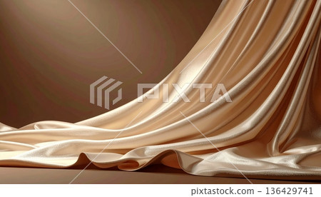A smooth brown silk fabric features flowing pink waves and a soft swirl pattern, creating an abstract satin texture design with light curves and a smoky vector art backdrop 136429741