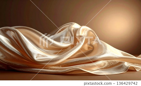 A smooth brown silk fabric features flowing pink waves and a soft swirl pattern, creating an abstract satin texture design with light curves and a smoky vector art backdrop 136429742