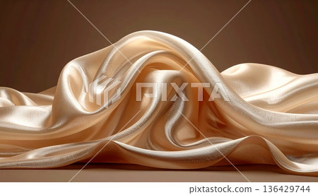 A smooth brown silk fabric features flowing pink waves and a soft swirl pattern, creating an abstract satin texture design with light curves and a smoky vector art backdrop A smooth brown silk fabric features flowing pink waves and a soft swirl pattern, creating an abstract satin texture design with light curves and a smoky vector art backdrop 136429744