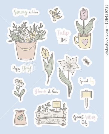 Spring Flower Stickers. Cute Flowers, Tulip, Narcissus and Bucket with Bouquet, Spring-themed Elements And Motivational Quotes. Hand Drawn Pastel Gardening Collection. Vector illustration. Not AI 136429753