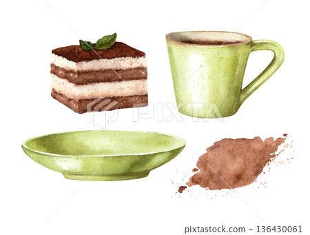 A set of coffee-themed watercolor illustrations isolated on a white background. The set includes a green mug, plate, tiramisu dessert, and a coffee stain. Suitable for menu design, cafe decor. 136430061