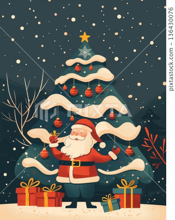 Christmas card in retro style. Santa Claus standing in front of a Christmas tree. The tree is decorated with many ornaments, including a star on top. 136430076