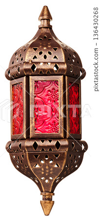 Antique Moroccan lantern in red glass cut out on white background Antique Moroccan lantern in red glass cut out on white background 136430268