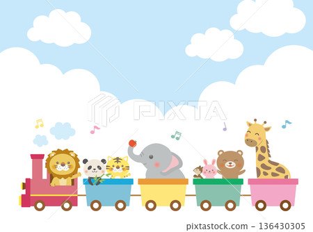 可愛的背景框，上面有動物們乘坐火車的圖案。 136430305