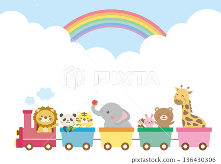 可愛的背景框，上面有動物們乘坐火車的圖案。 136430306