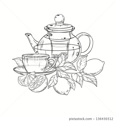 Cup of Lemon Tea Outline Illustration. 136430312
