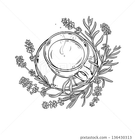 Cup of Lavender Tea Outline Illustration. Cup of Lavender Tea Outline Illustration. 136430313