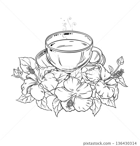 Cup of Hibiscus Tea Outline Illustration. Cup of Hibiscus Tea Outline Illustration. 136430314