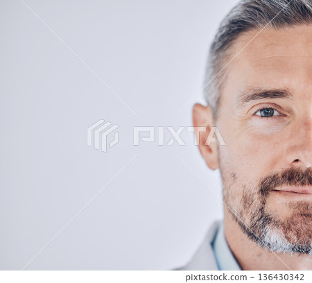 Doctor man, headshot portrait and space for mock up, promotion and healthcare employee in hospital. Medical professional, expert and mature leader with face by wall background for wellness in clinic Doctor man, headshot portrait and space for mock up, promotion and healthcare employee in hospital. Medical professional, expert and mature leader with face by wall background for wellness in clinic 136430342