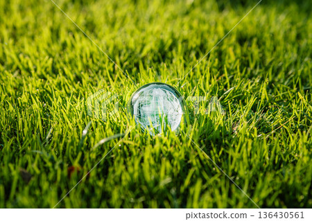 Crystal globe on green grass Concept of environmental sustainability Crystal globe on green grass Concept of environmental sustainability 136430561