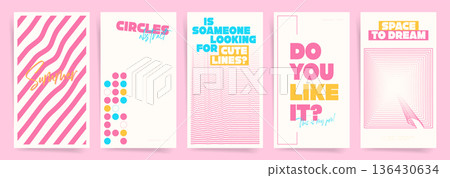 Abstract Poster Collection, Modern Minimal Pink Vertical Backgrounds, Retro Graphic Templates with Stripes, Circles and Clean Typography 136430634