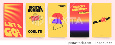 Summer Minimal Poster Set with Bold Color Blocks and Gradient Background. Modern Festival Style Design for Music Event, Social Media, Banner, Cover. Vector Summer Minimal Poster Set with Bold Color Blocks and Gradient Background. Modern Festival Style Design for Music Event, Social Media, Banner, Cover. Vector 136430636