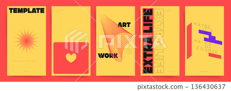 Abstract Poster Set, Bold Summer Backgrounds and Minimal Shapes, Yellow Red Color Composition, Retro Vertical Background Templates for Cover, Banner and Social Media 136430637