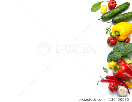 Fresh healthy vegetables creating a vibrant frame on white background 136430680