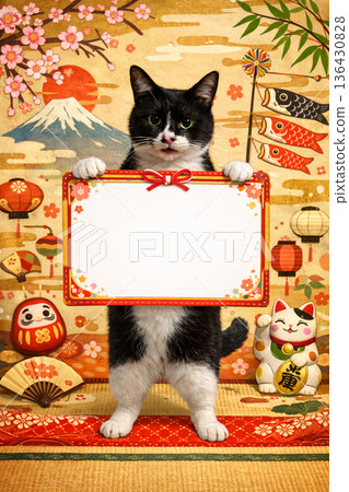 吉祥貓圖案和新年幸運符插圖散落在各處 136430828