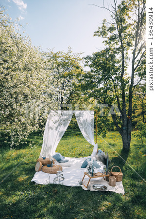 Cozy outdoor picnic setup under blooming trees on a sunny day 136430914