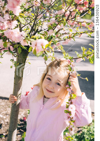 Child enjoying a sunny spring day near blooming cherry blossom tree in a park 136430928