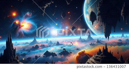 Surreal Cosmic Landscape with Floating Islands and Alien Architecture Over Glowing Nebula 136431007
