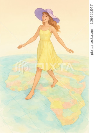 Giant Happy Traveler Walking Over The Continent Of Africa On Map 136431047
