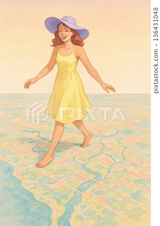 Whimsical Giant Woman Walking Across A Grid City Map Background 136431048