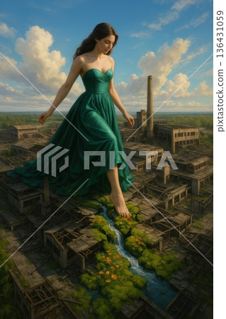 Giant Woman in Green Gown Walking Through Ruined Industrial Factory Complex 136431059