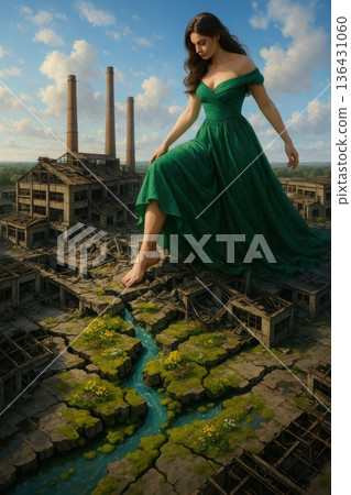 Colossal Woman in Emerald Dress Stepping Over Decaying Industrial Ruins 136431060