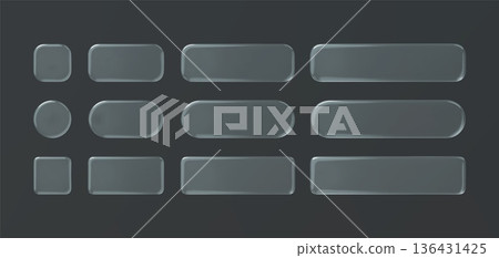 Glass round square transparent button set on grey background. 3d vector realistic ui icon. Glass round square transparent button set on grey background. 3d vector realistic ui icon. 136431425